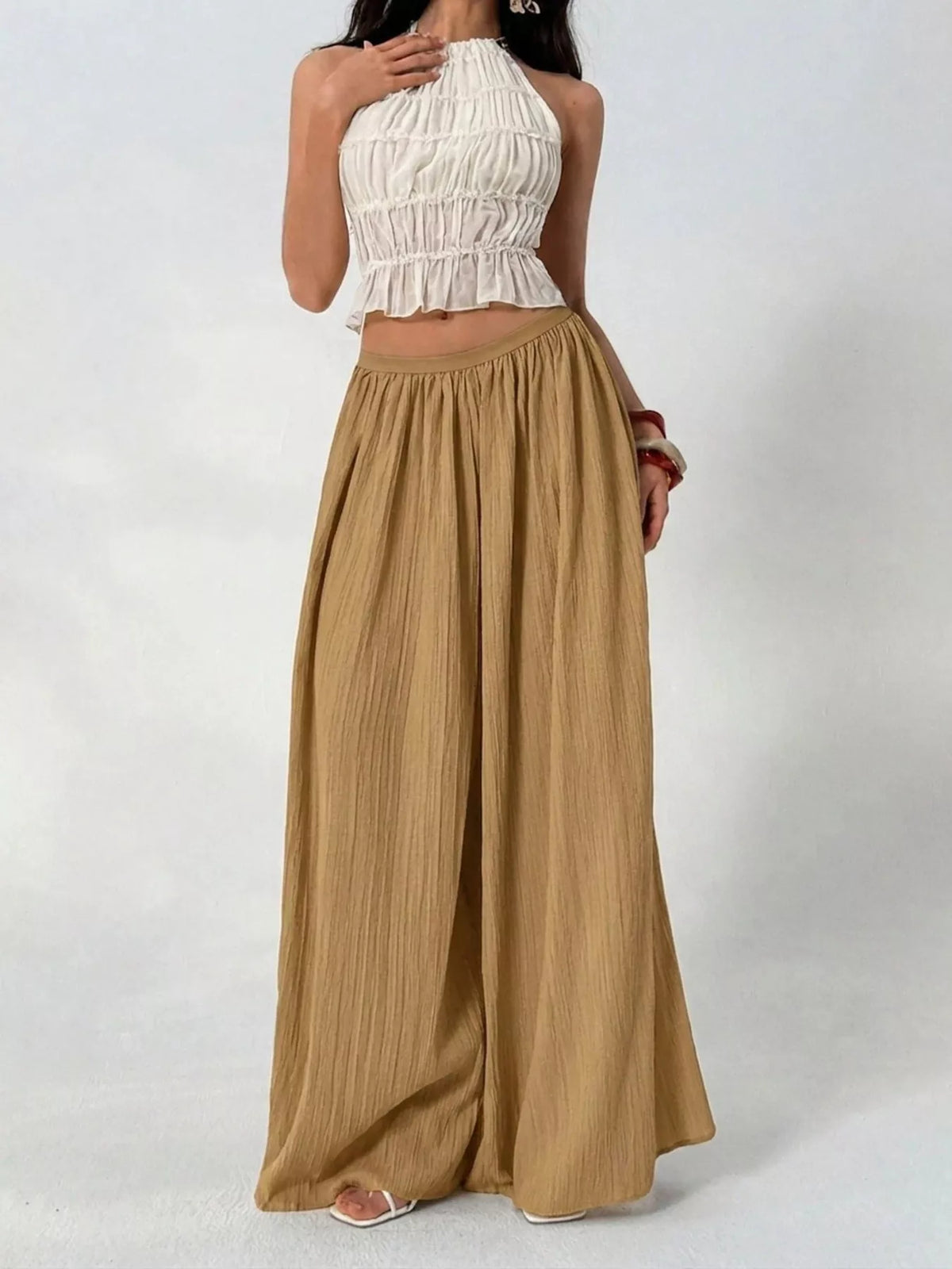 high-waisted wide-leg pleated casual pants | dropsona - neutral - packaging
