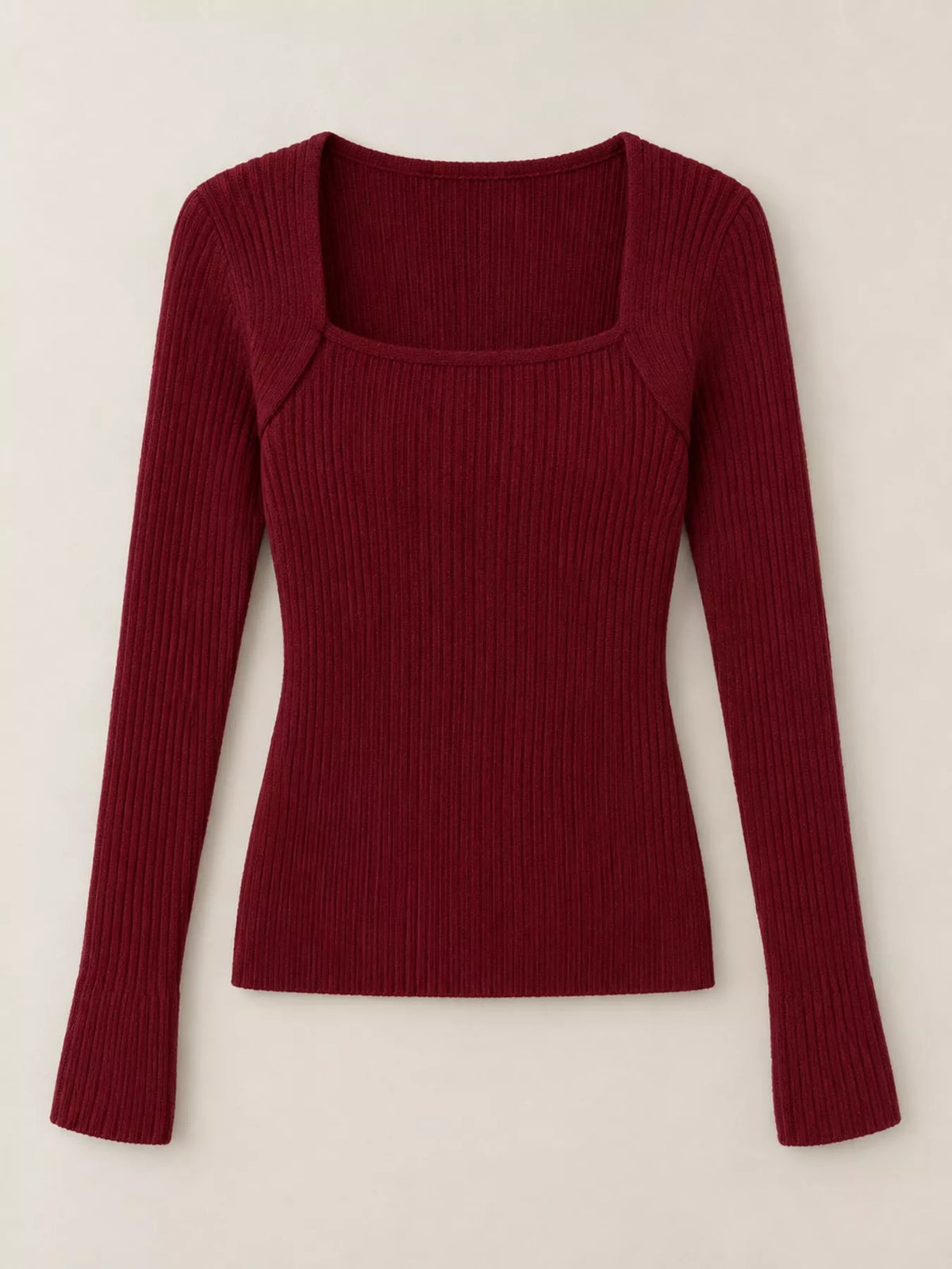 square neck ribbed knit slim-fit top | dropsona - neutral - close-up detail
