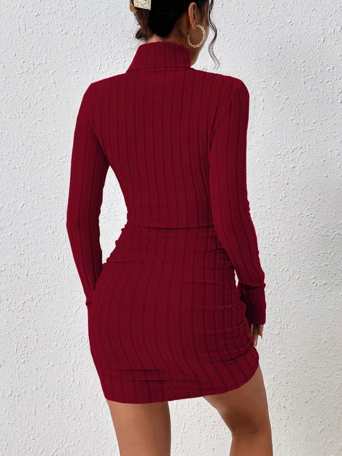 christmas outfit turtleneck ribbed bodycon knit dress | dropsona - neutral - size reference