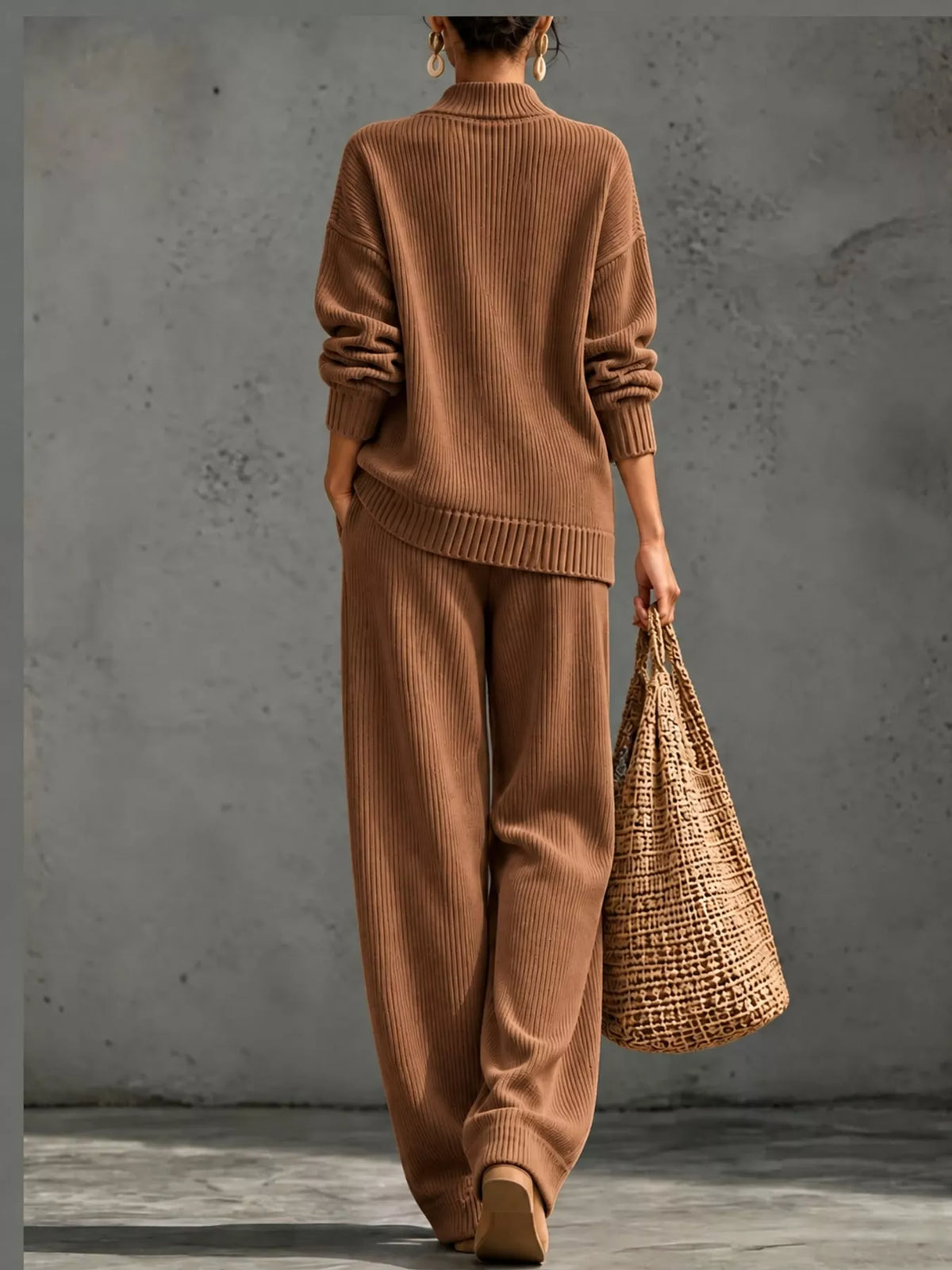 full size elegant v-neck wrap sweater and wide-leg | dropsona - neutral - usage example