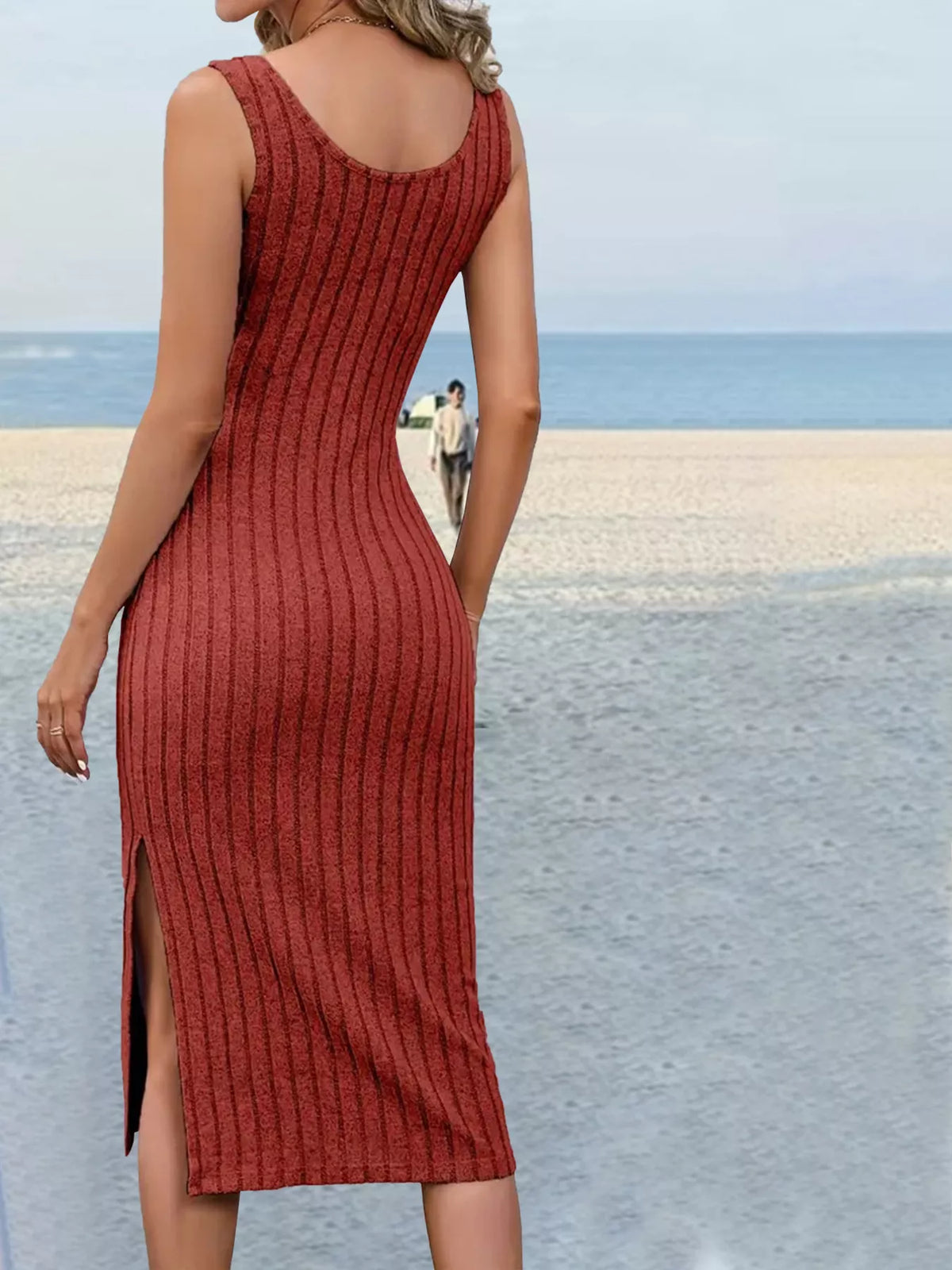 slit sleeveless scoop neck dress – ribbed | dropsona - neutral - usage example