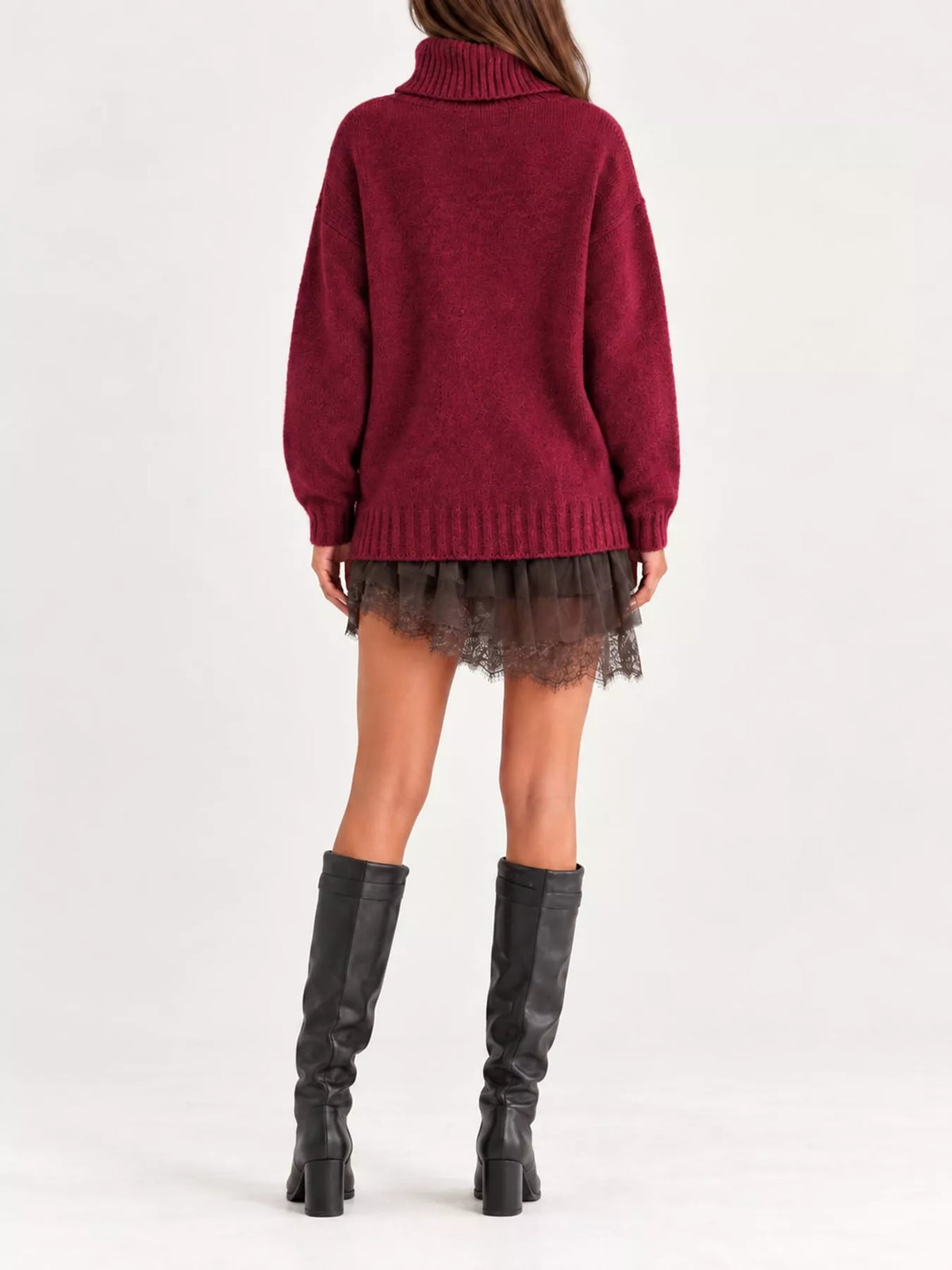 full size turtleneck sweater and lace hem dress set | dropsona - neutral - close-up detail