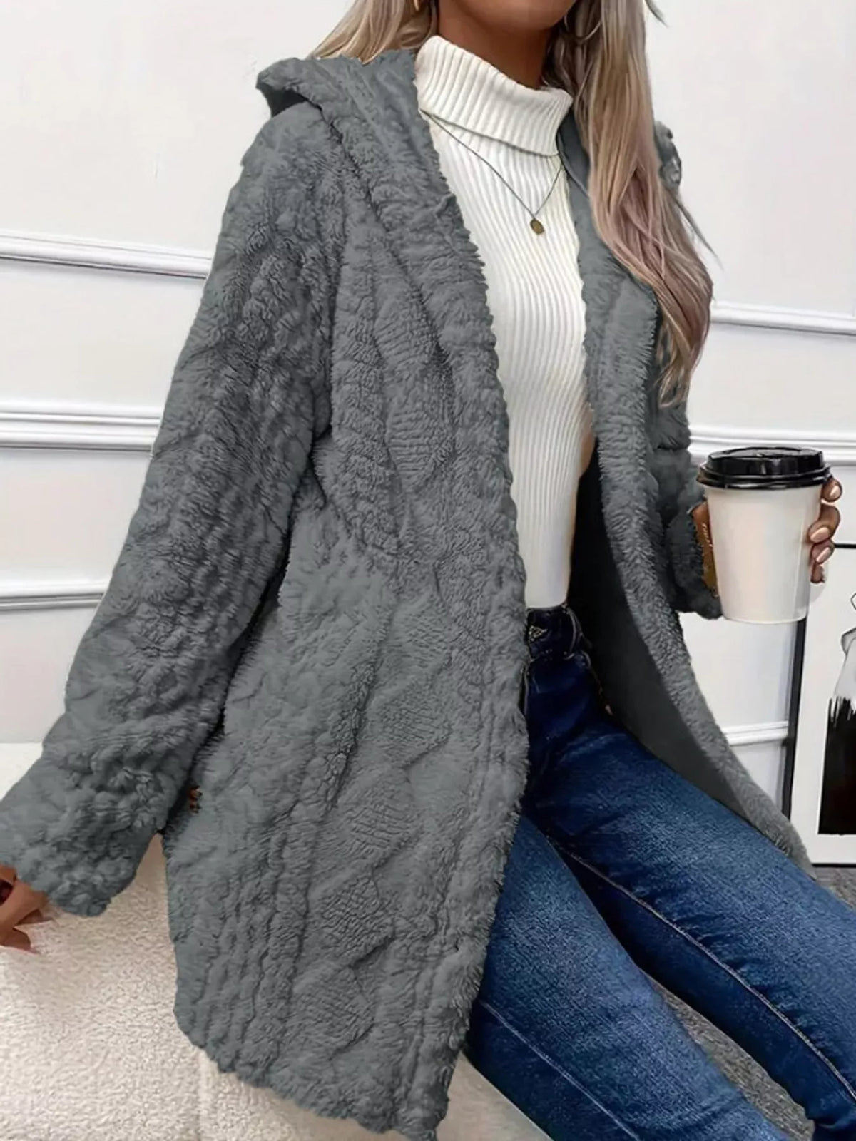 full size cozy cable-knit faux fur hooded outerwear | dropsona - neutral - packaging