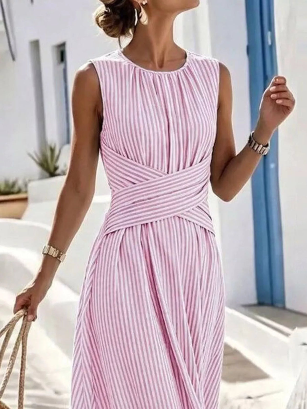 full size striped sleeveless maxi dress plus | dropsona - neutral - front view