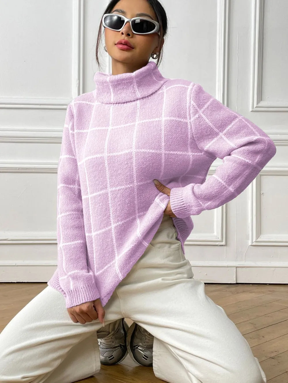 plaid turtleneck long sleeve sweater – basic style | dropsona - neutral - material texture