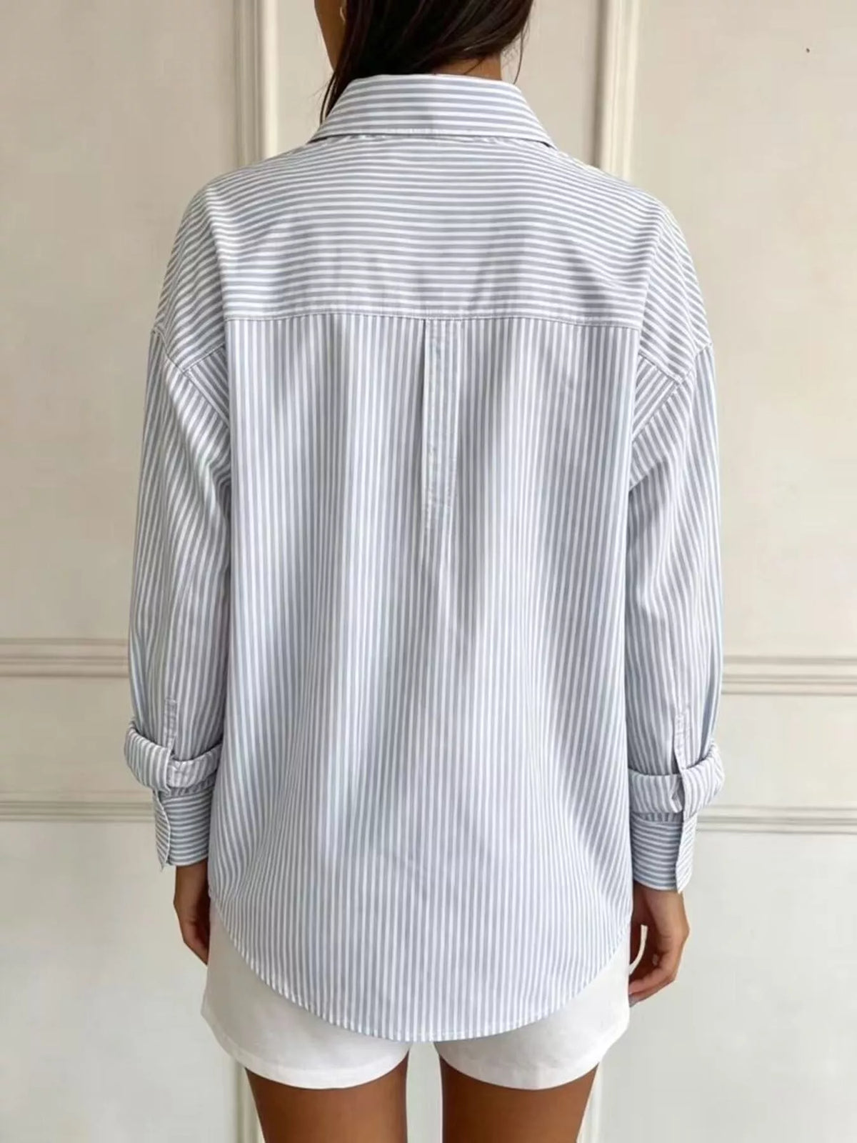 full size striped button-down long sleeve shirt plus | dropsona - neutral - close-up detail