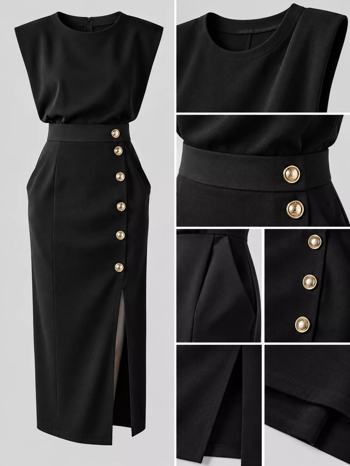 sleeveless midi dress with gold button detail and | dropsona - neutral - size reference