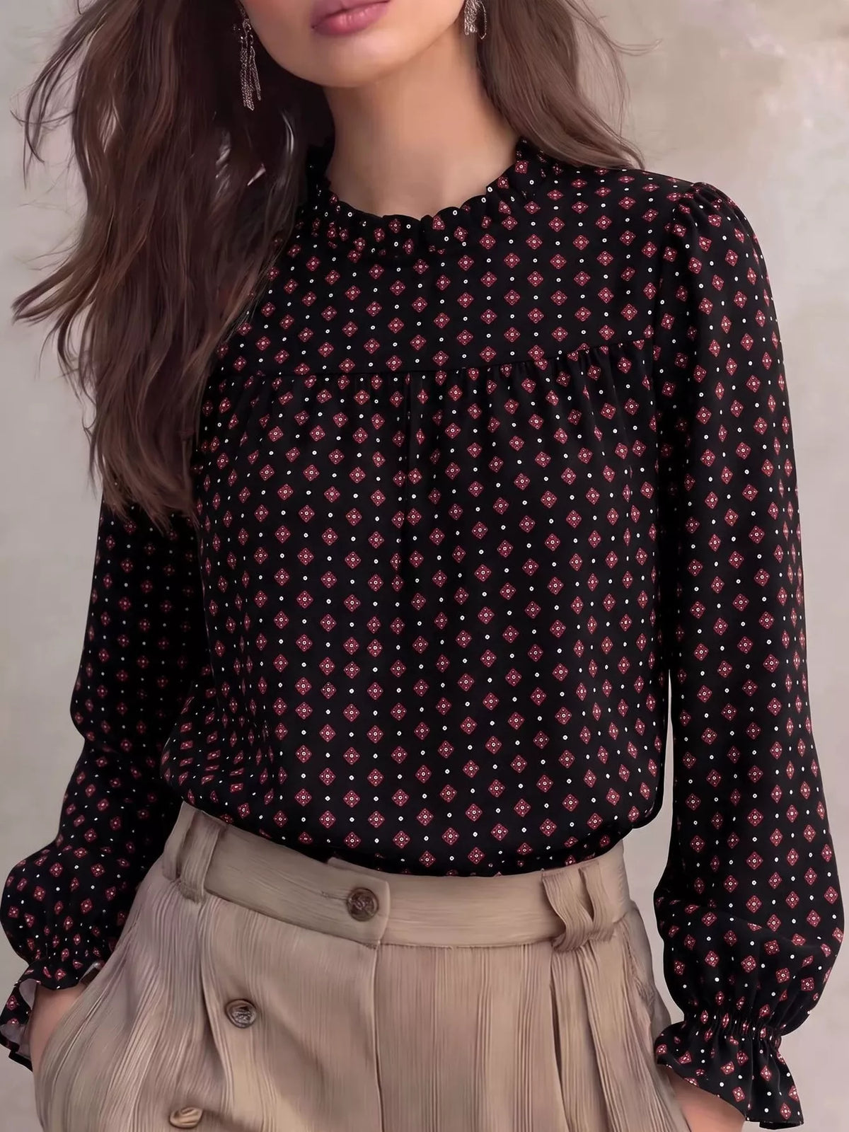 geometric print mock neck puff sleeves blouse | dropsona - neutral - close-up detail