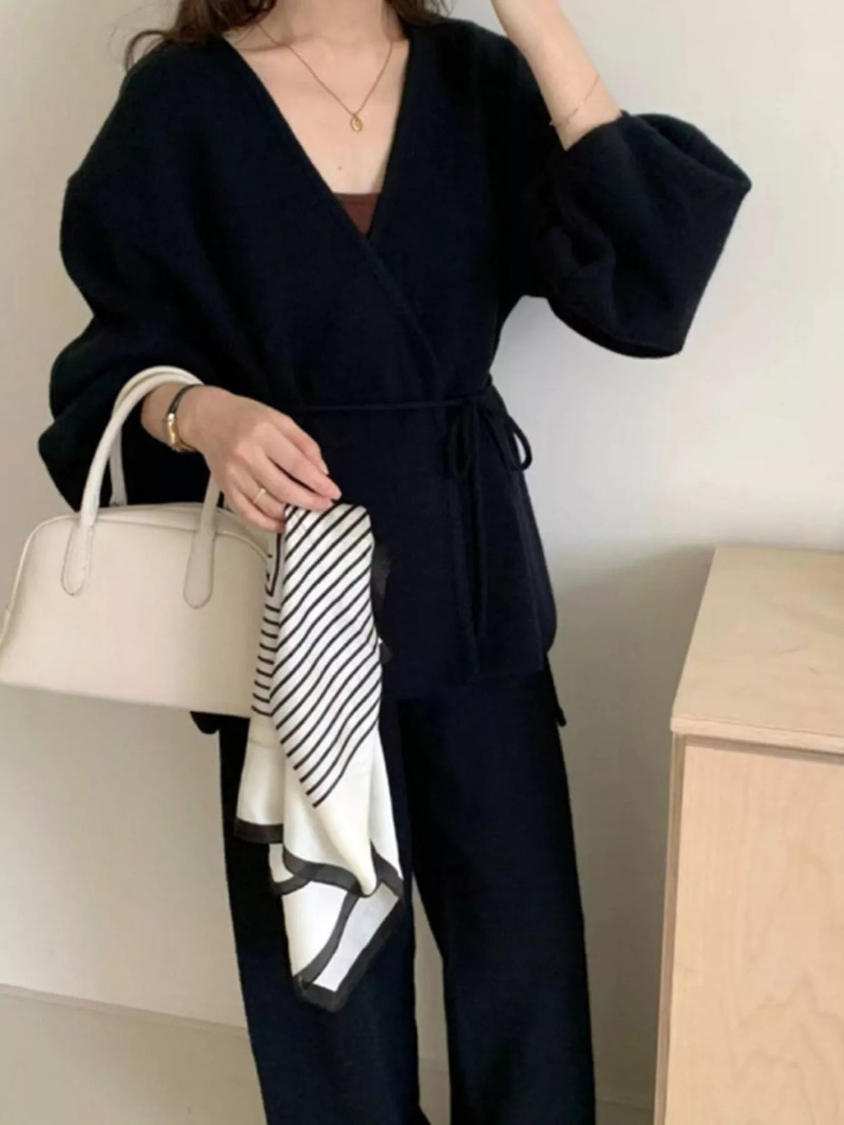 v-neck tied wrap cardigan and wide-leg pants sweater | dropsona - neutral - close-up detail