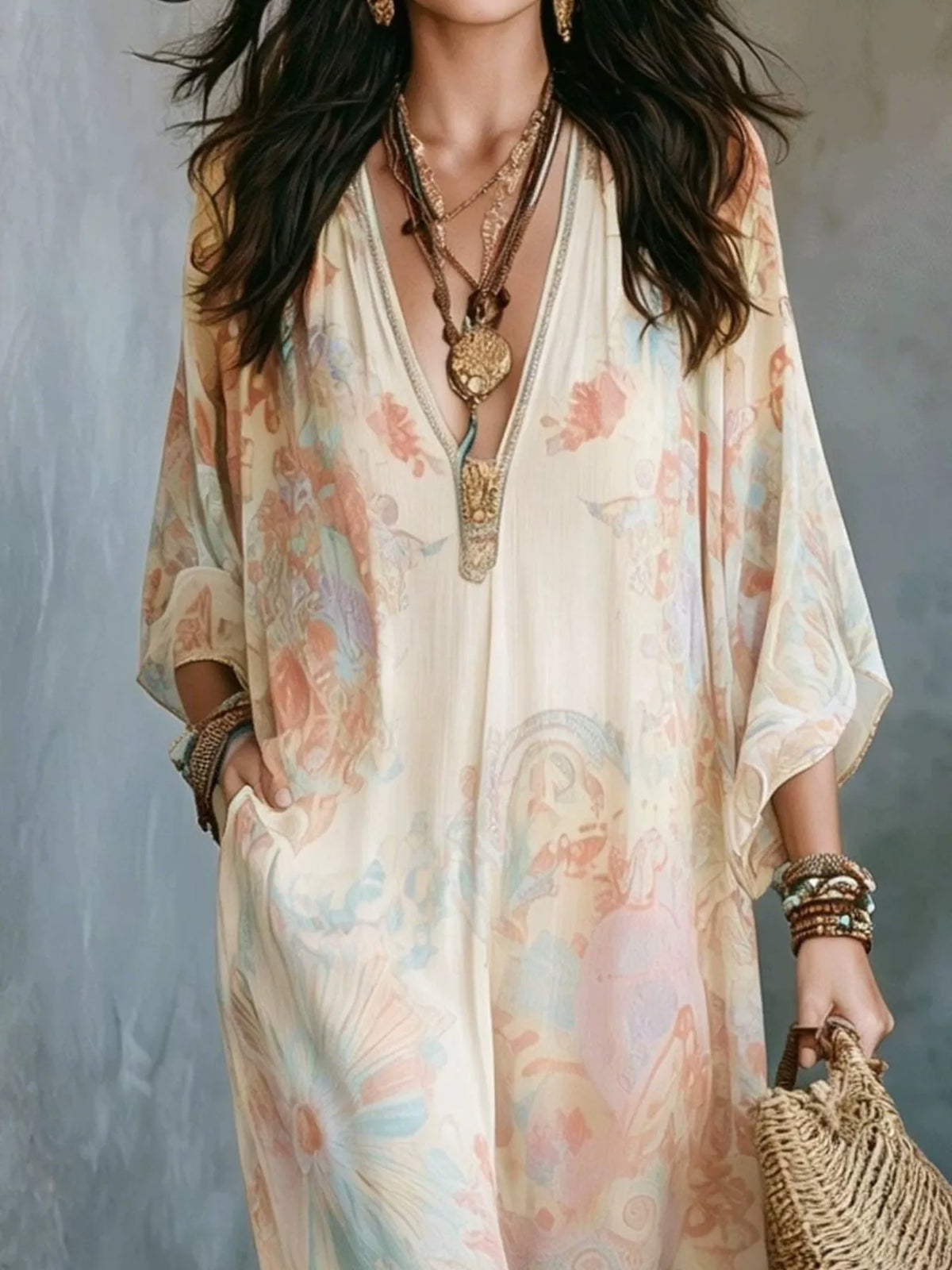 full size floral print v-neck maxi dress plus | dropsona - neutral - size reference