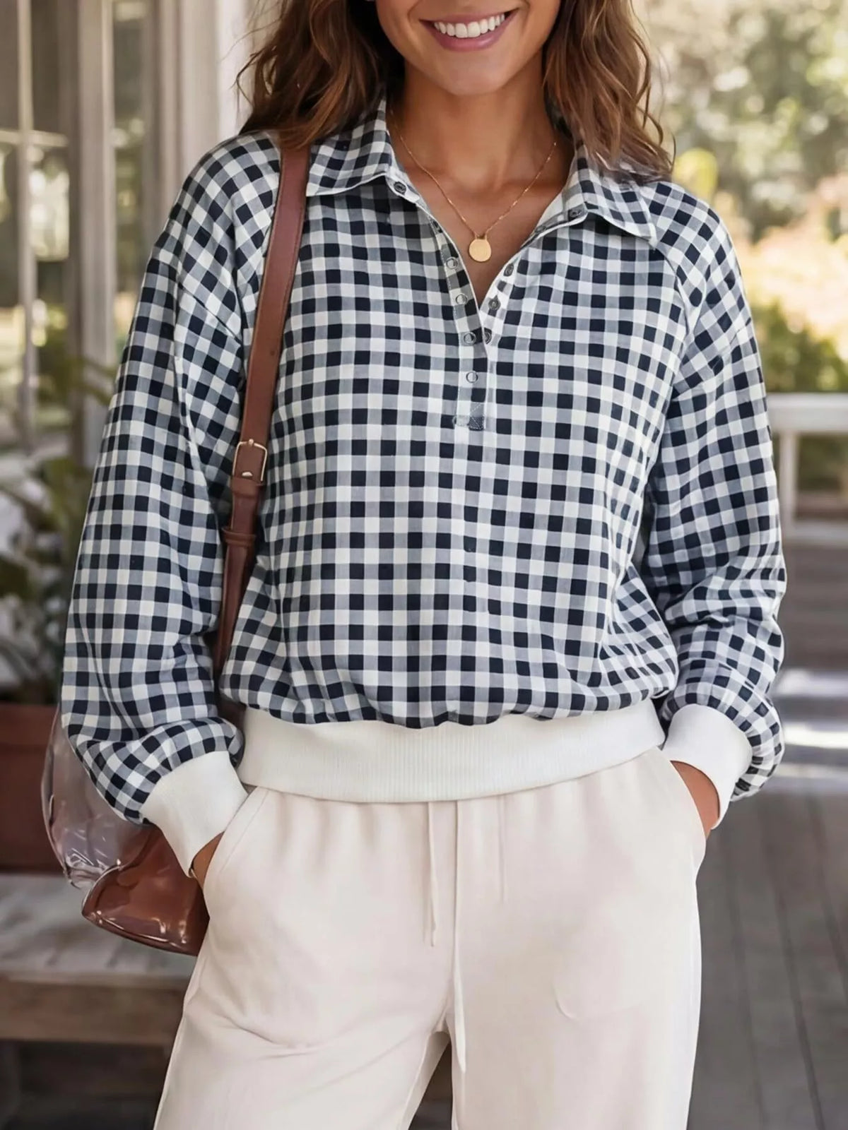 gingham plaid collared sweatshirt with ribbed hem | dropsona - neutral - close-up detail
