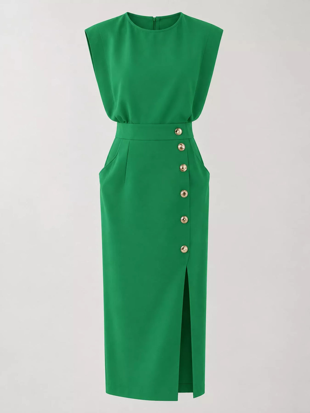 sleeveless midi dress with gold button detail and | dropsona - neutral - packaging