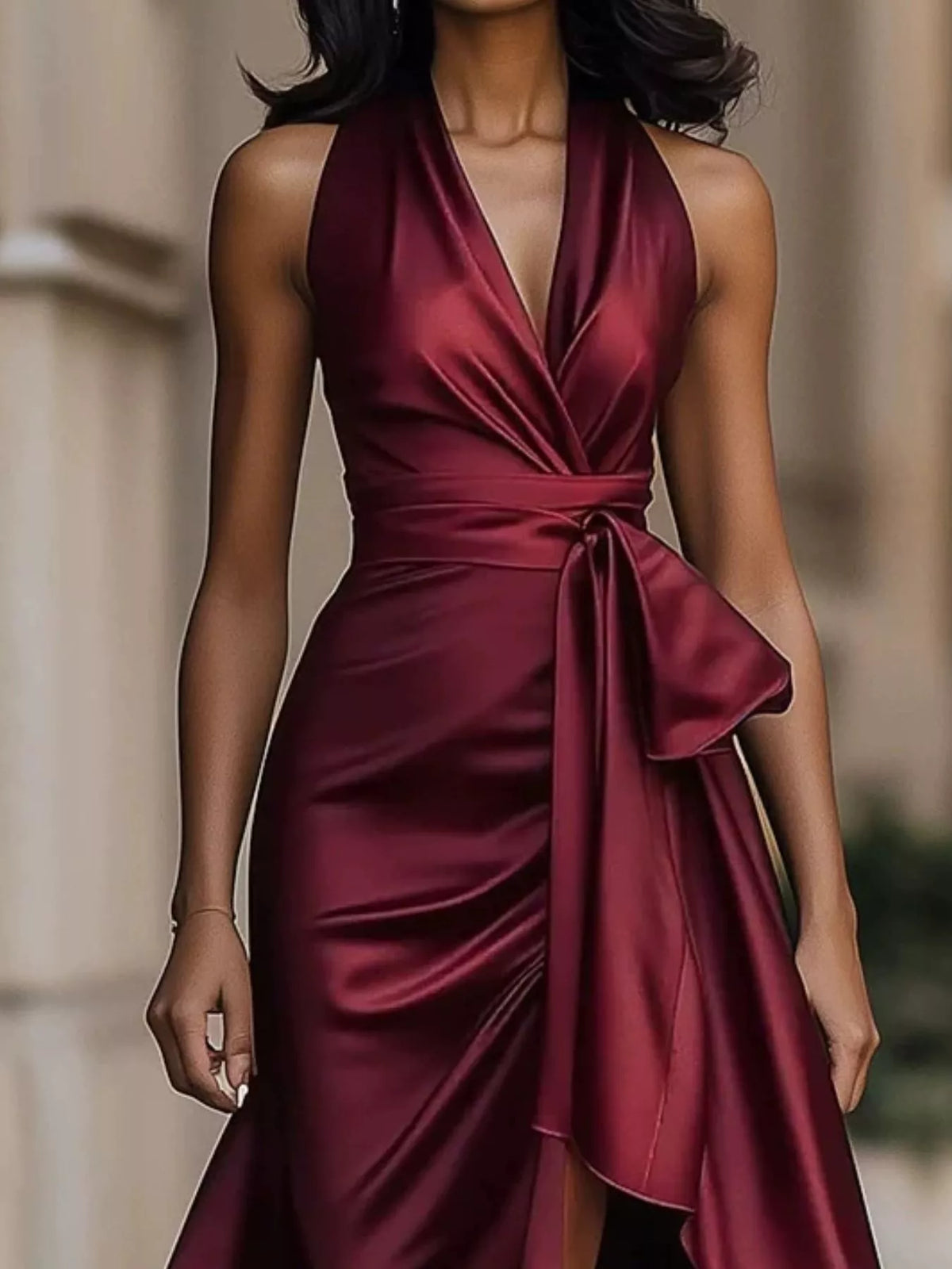 full size high-low ruffled satin maxi dress plus | dropsona - neutral - front view