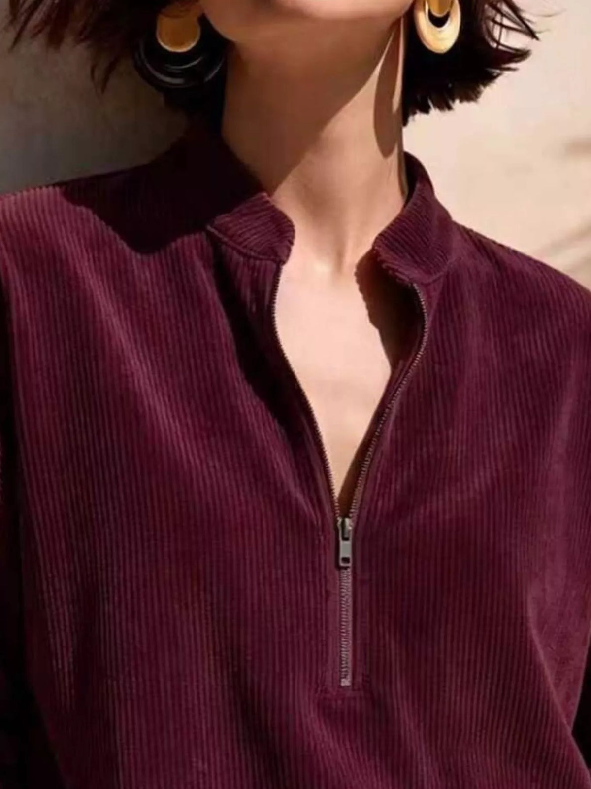 full size half zip dropped shoulder corduroy top plus | dropsona - neutral - material texture