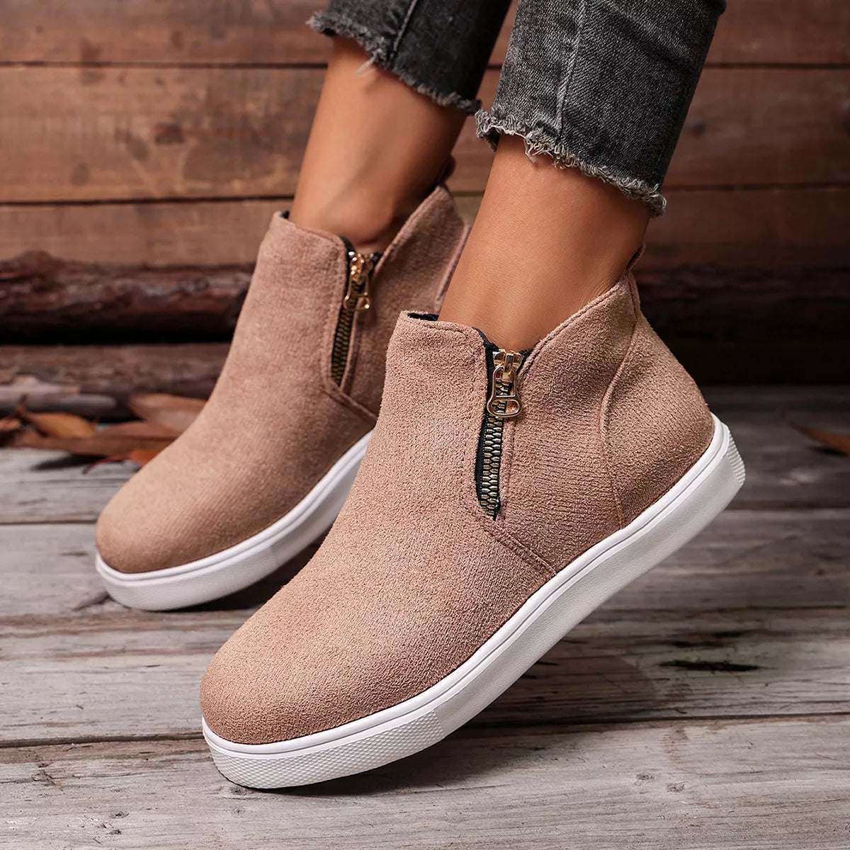 side zipper flat sneakers – modern steps | dropsona - neutral - front view