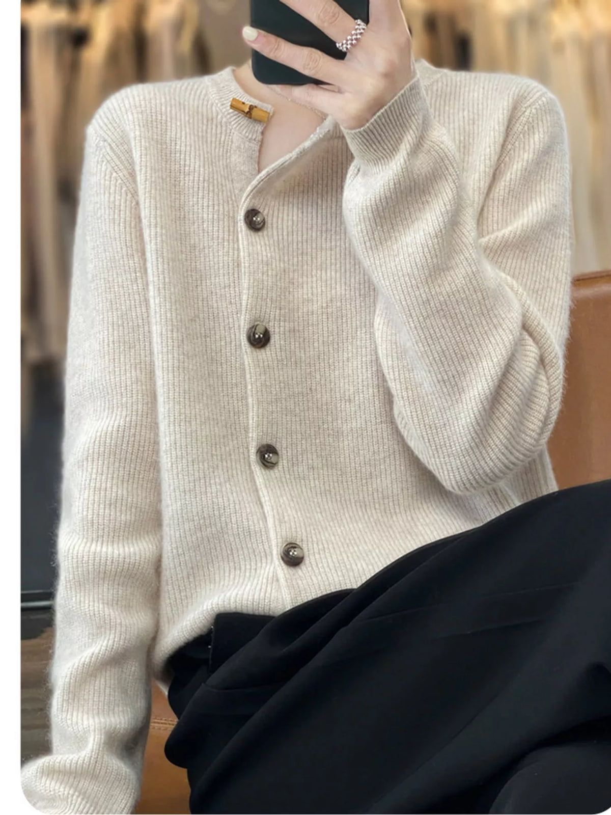 ribbed knit asymmetrical button cardigan | dropsona - neutral - material texture