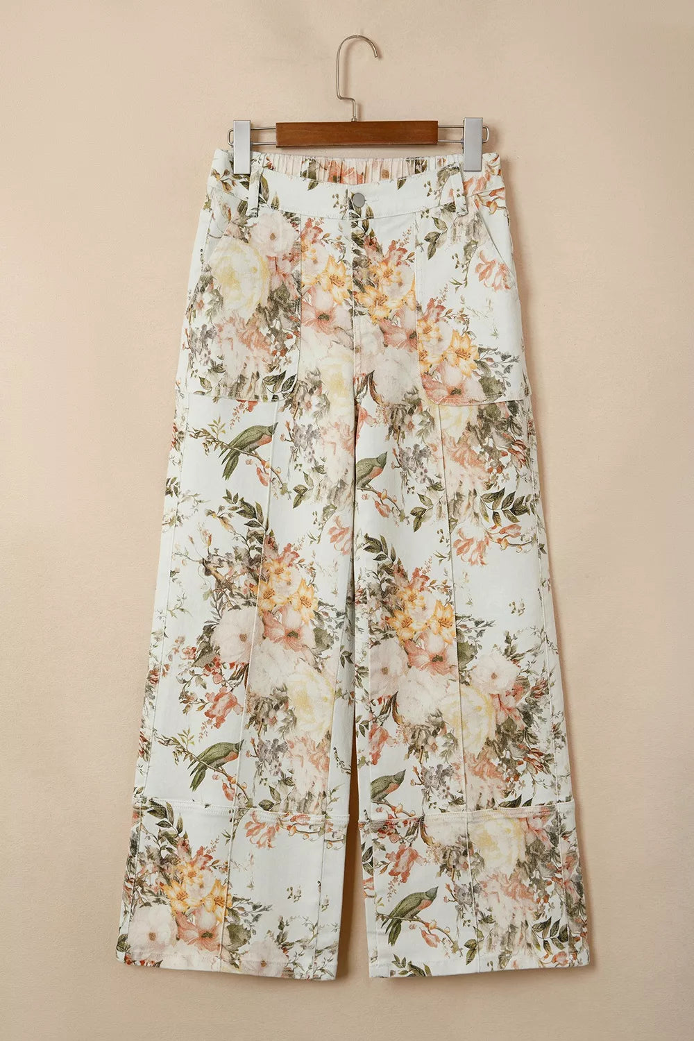 vintage style floral print high waist wide leg jeans - close-up detail