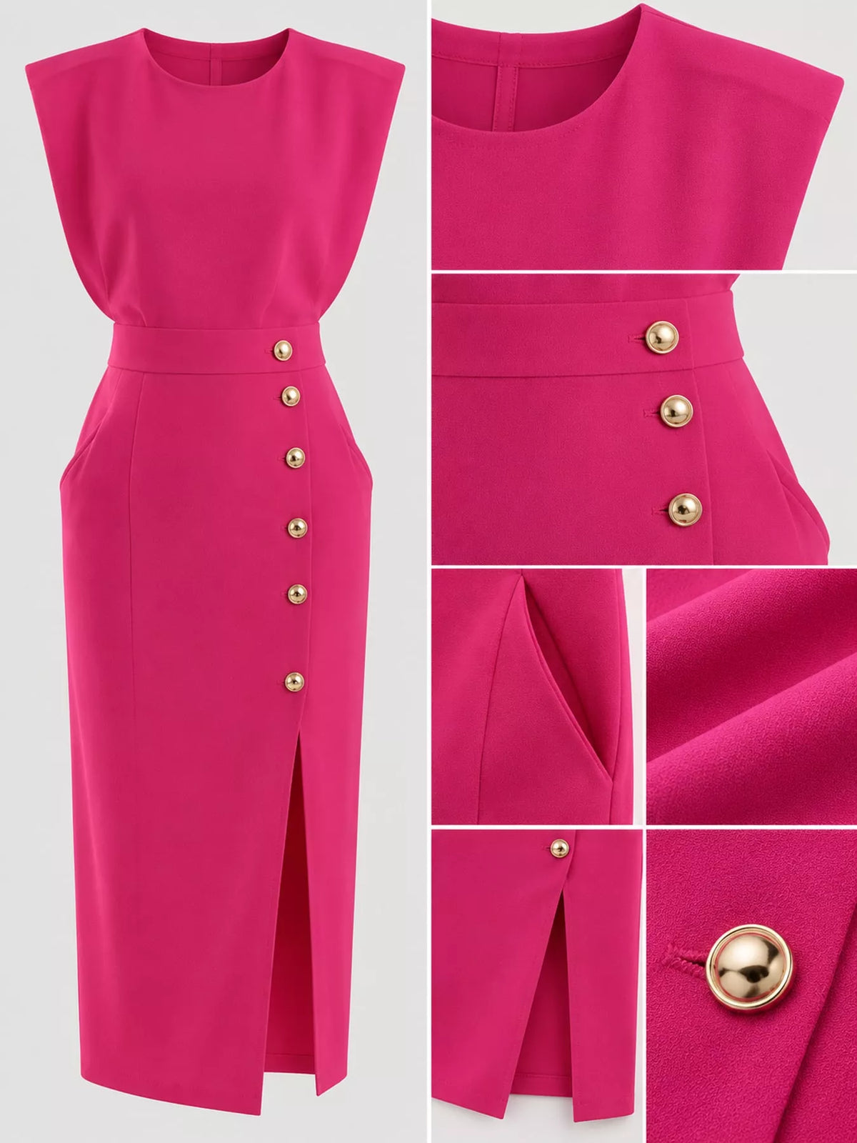 sleeveless midi dress with gold button detail and | dropsona - neutral - size reference