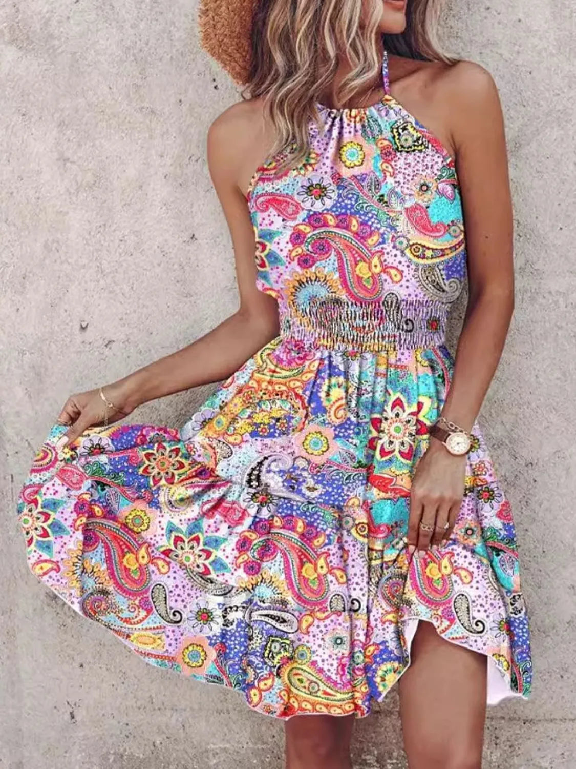 paisley print halter neck mini dress - size reference