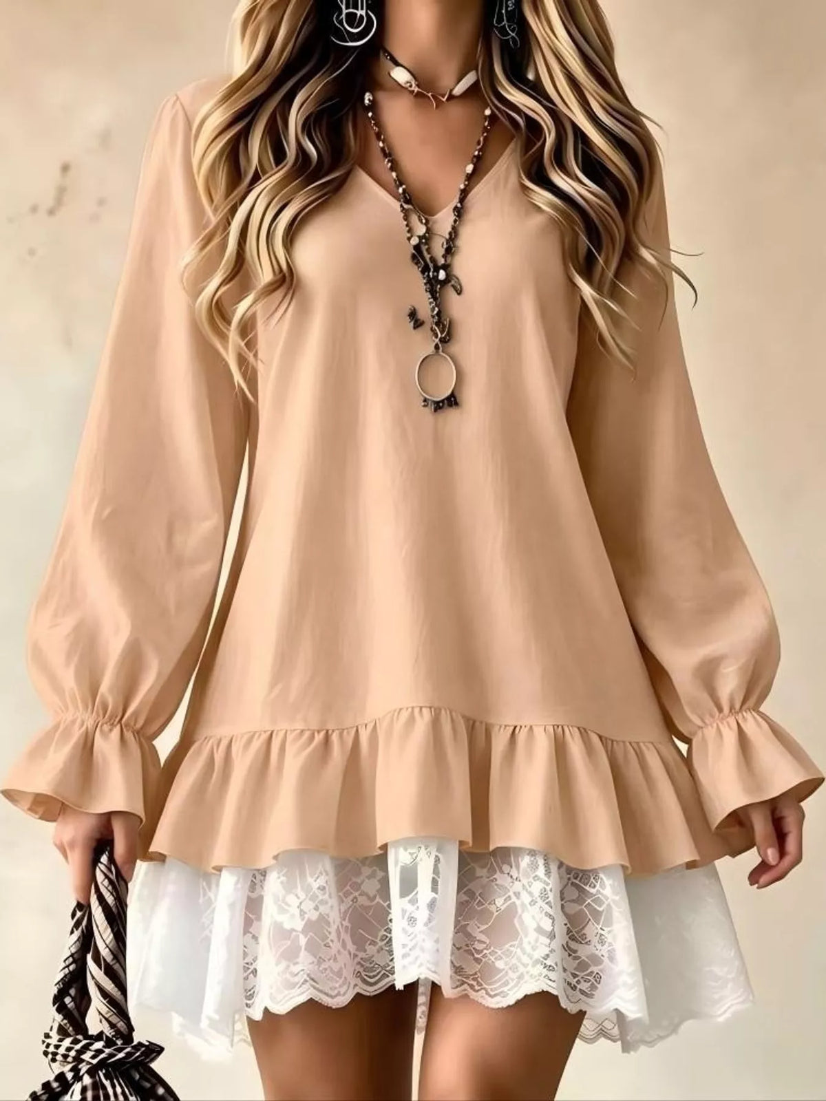 lace hem v-neck flounce sleeve dress | dropsona - neutral - material texture