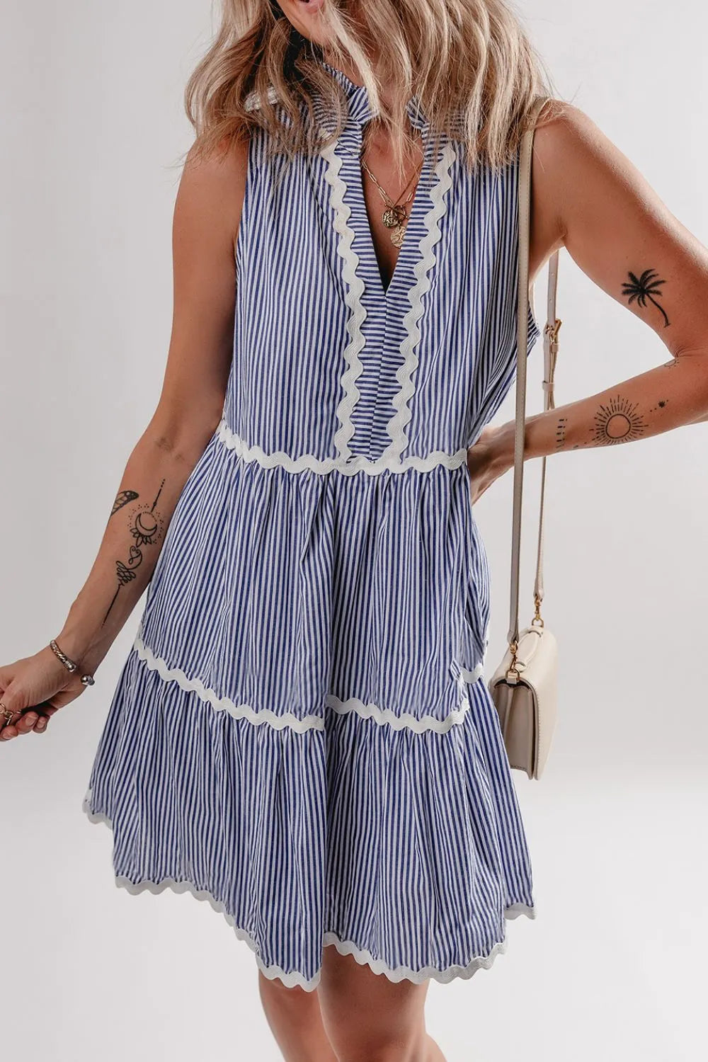 stripe sleeveless notched ric rac mini dress - close-up detail