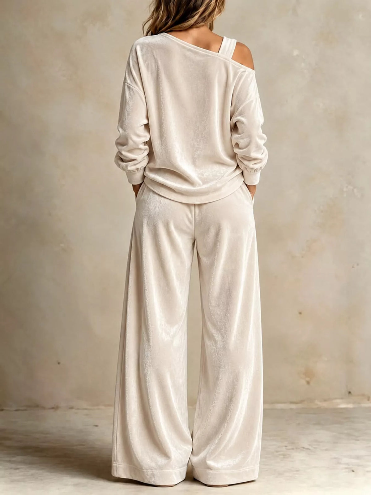 asymmetrical neck top and pants set | dropsona - neutral - close-up detail