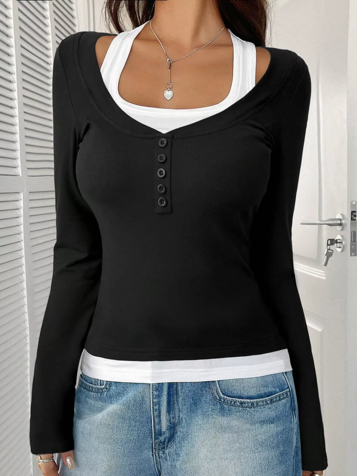 layered look long sleeve t-shirt | dropsona polyester - neutral - front view