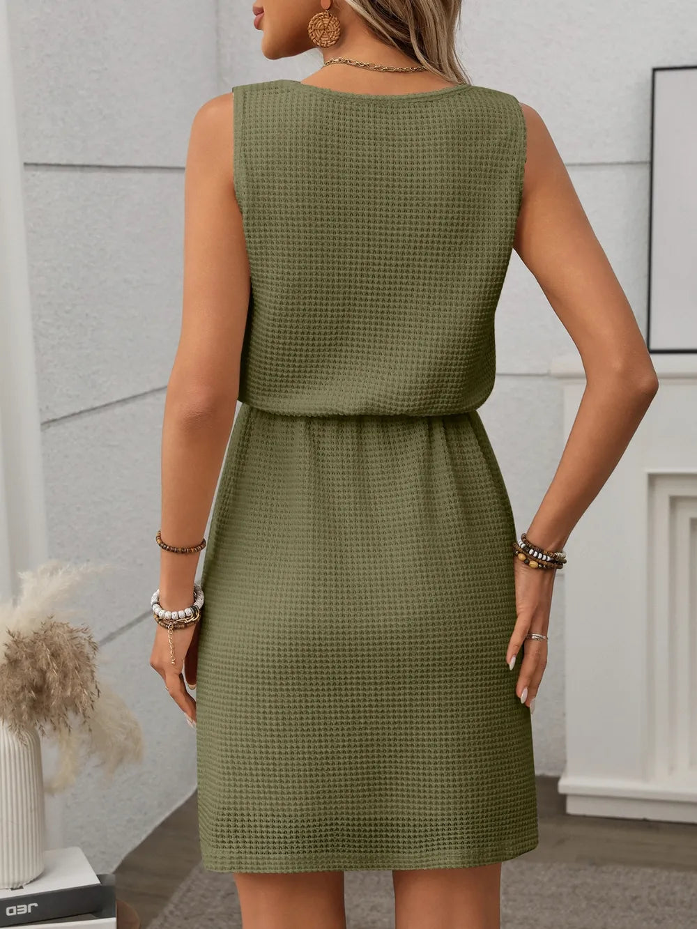 waffle-knit drawstring mini tank dress - close-up detail