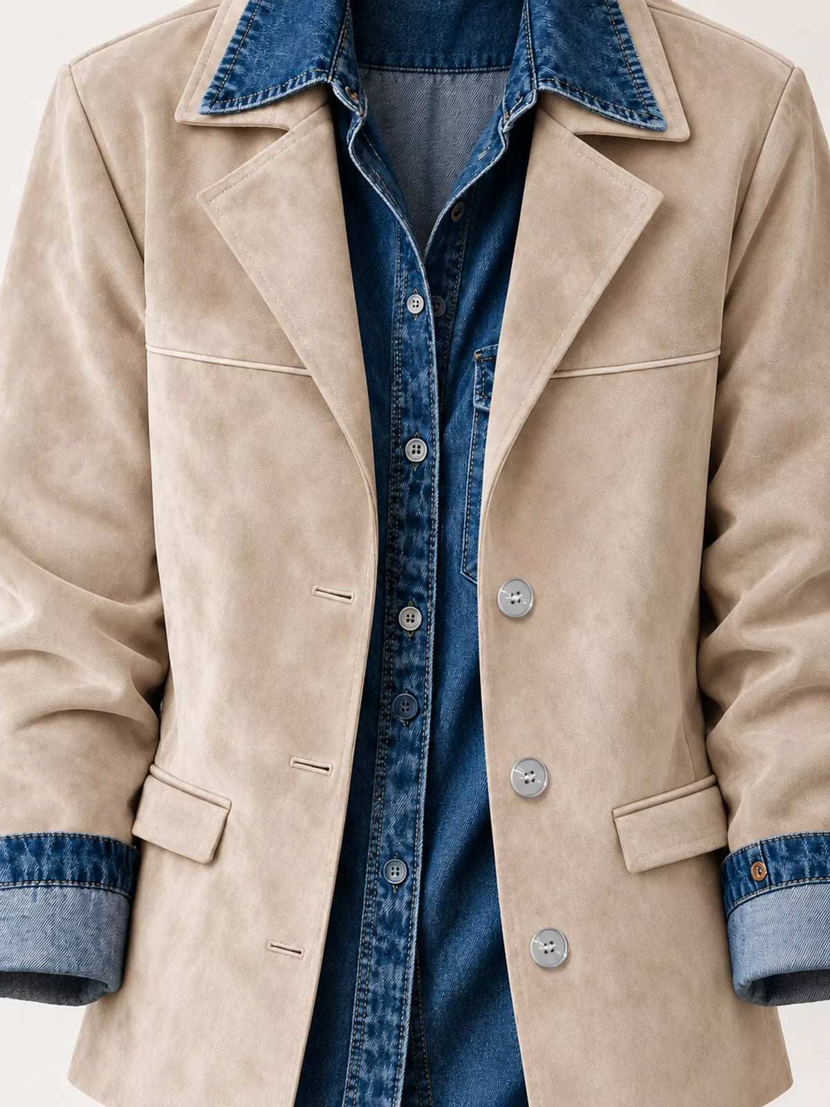 full size lapel collar button up blazer plus | dropsona - neutral - close-up detail