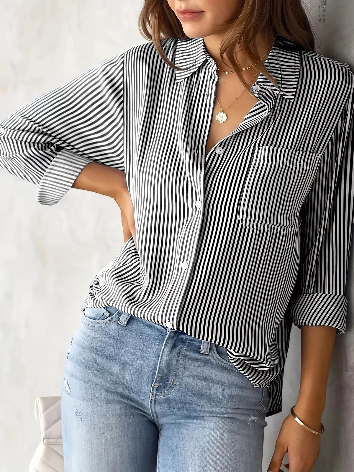 full size striped button-down long sleeve shirt plus | dropsona - neutral - close-up detail