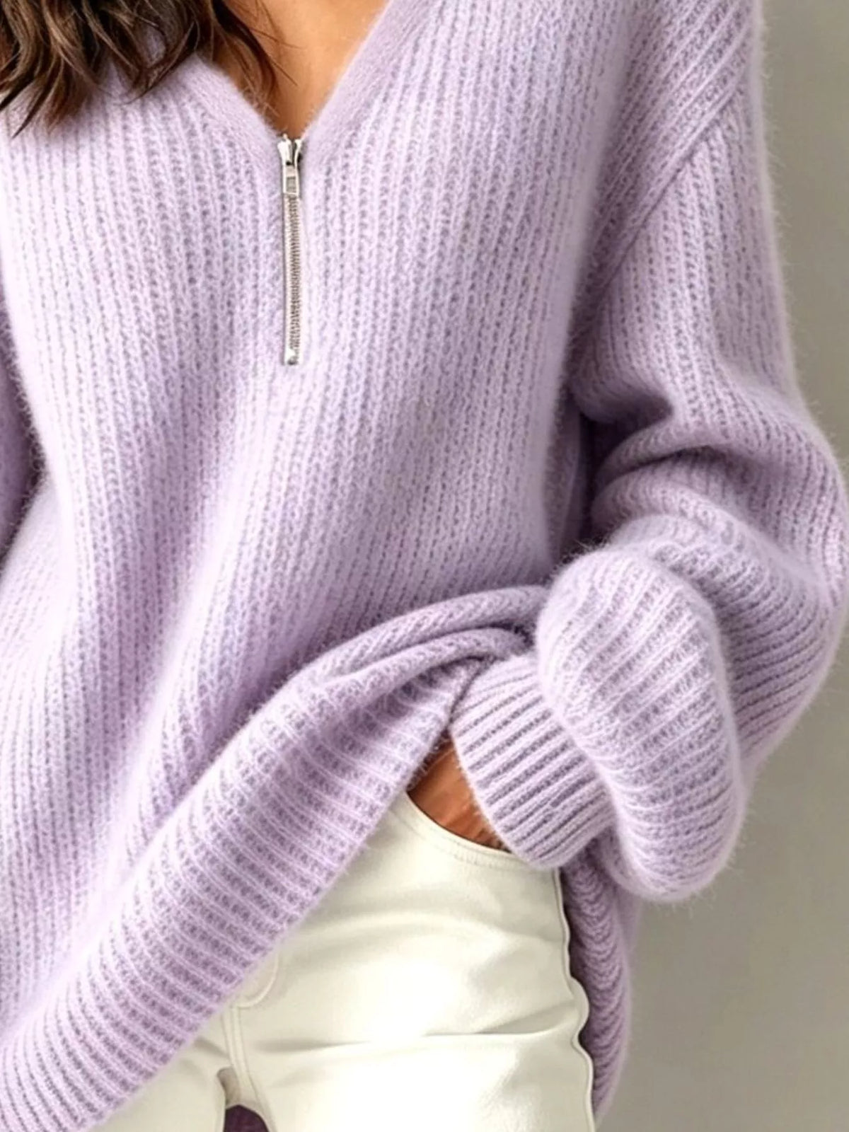 quarter zip dropped shoulder sweater – zipper | dropsona - neutral - close-up detail
