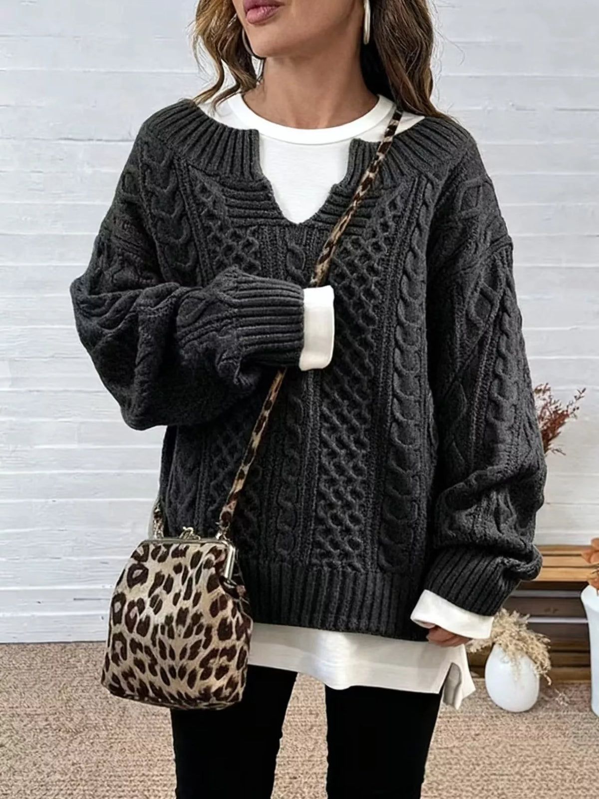 full size cable knit dropped shoulder sweater plus | dropsona - neutral - material texture