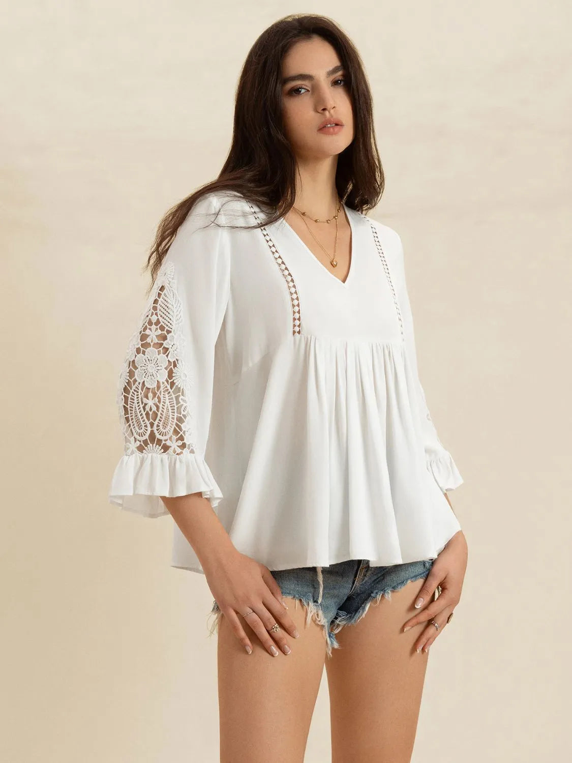 v-neck lace flounce sleeve top - front view