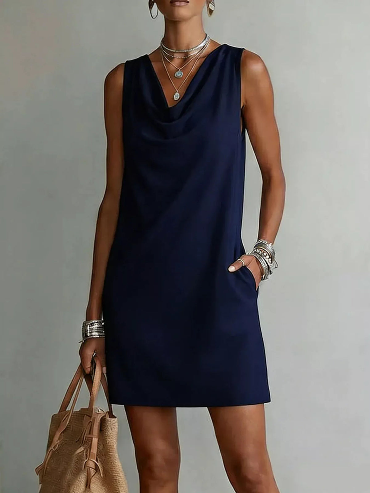 full size sleeveless cowl neck mini dress plus | dropsona - neutral - usage example