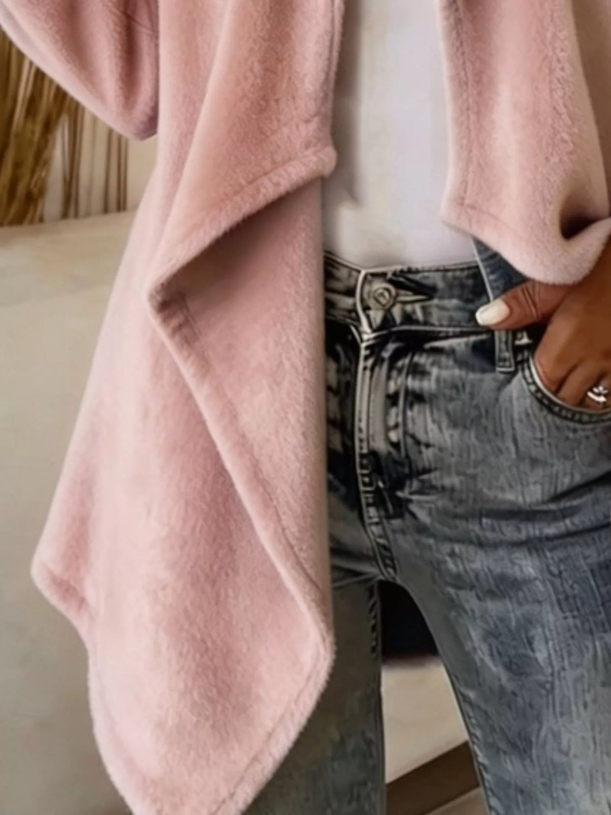 full size fleece waterfall collar outerwear plus | dropsona - neutral - usage example
