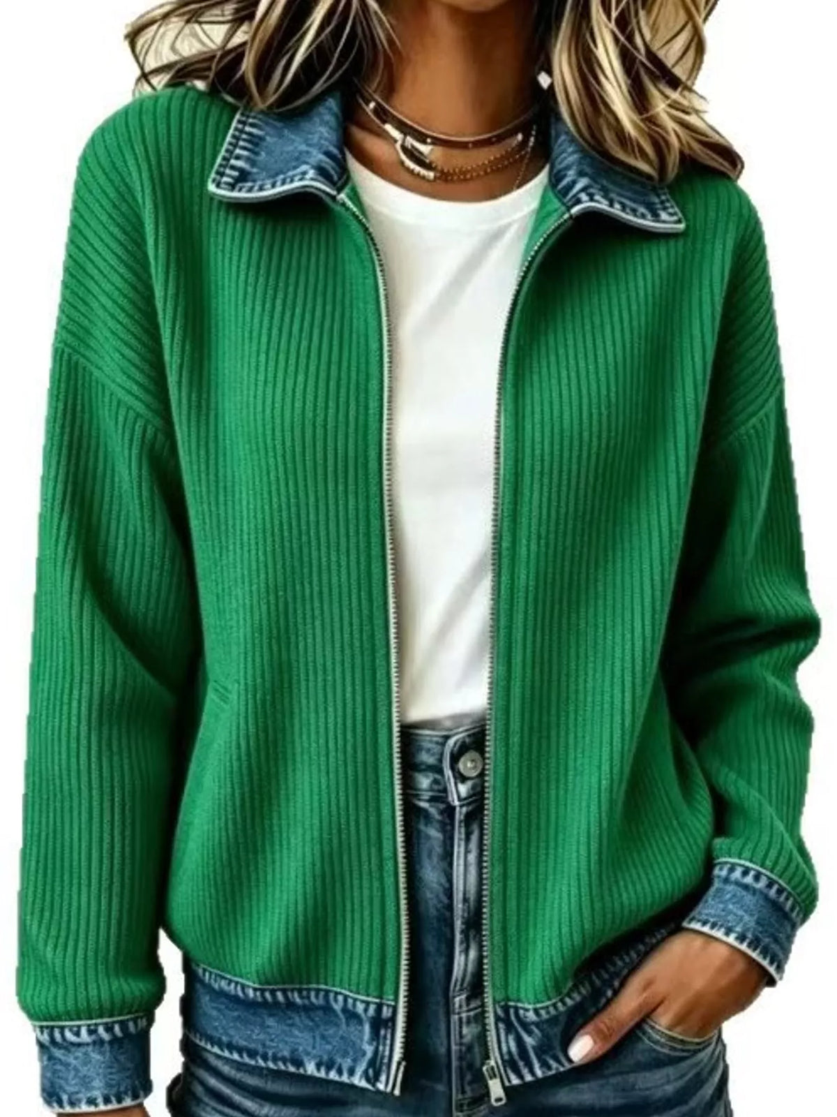full size denim-collar ribbed knit zip-up jacket plus | dropsona - neutral - material texture