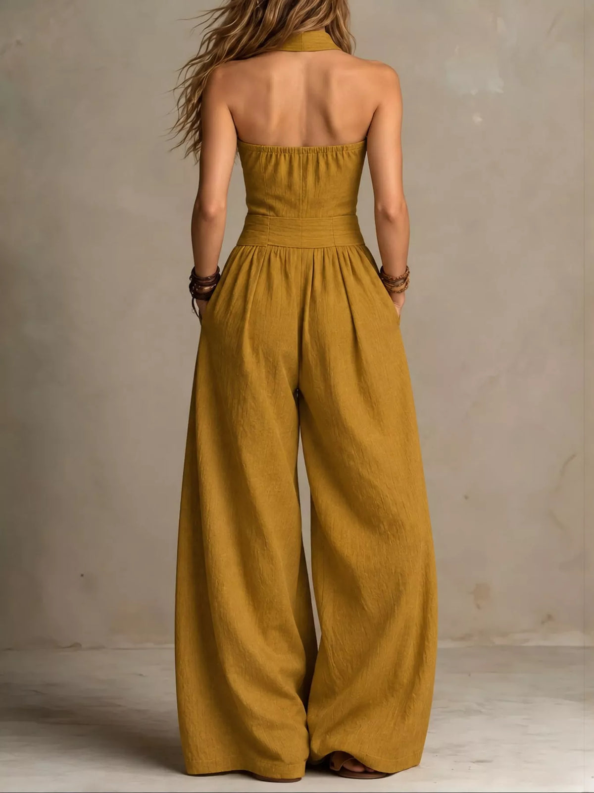 full size halter neck wide-leg jumpsuit plus | dropsona - neutral - material texture