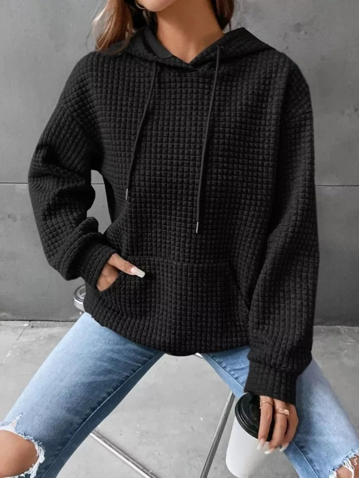 full size textured kangaroo pocket hoodie plus size - material texture