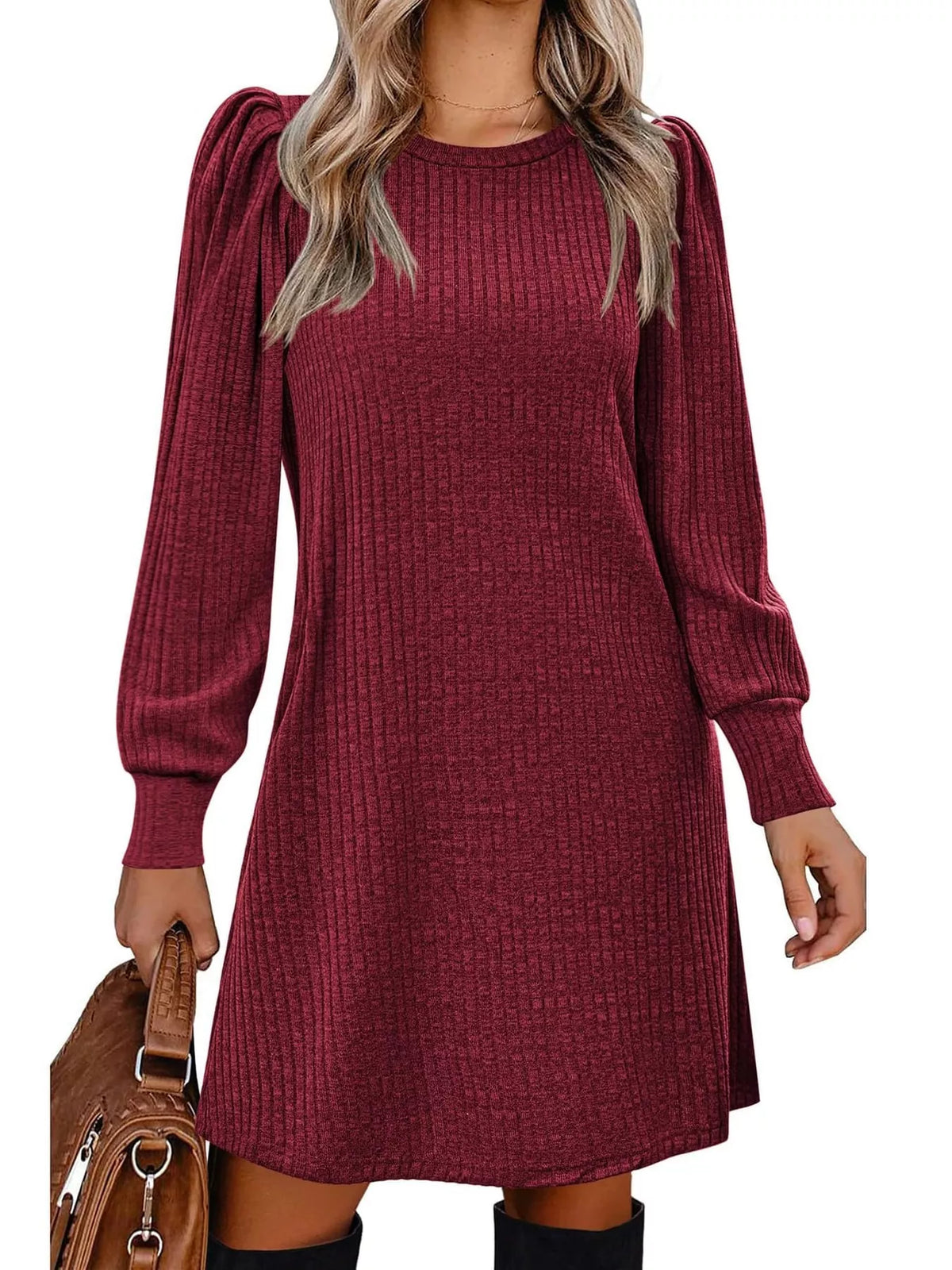 puff sleeve ribbed knit dress with pockets | dropsona - neutral - close-up detail
