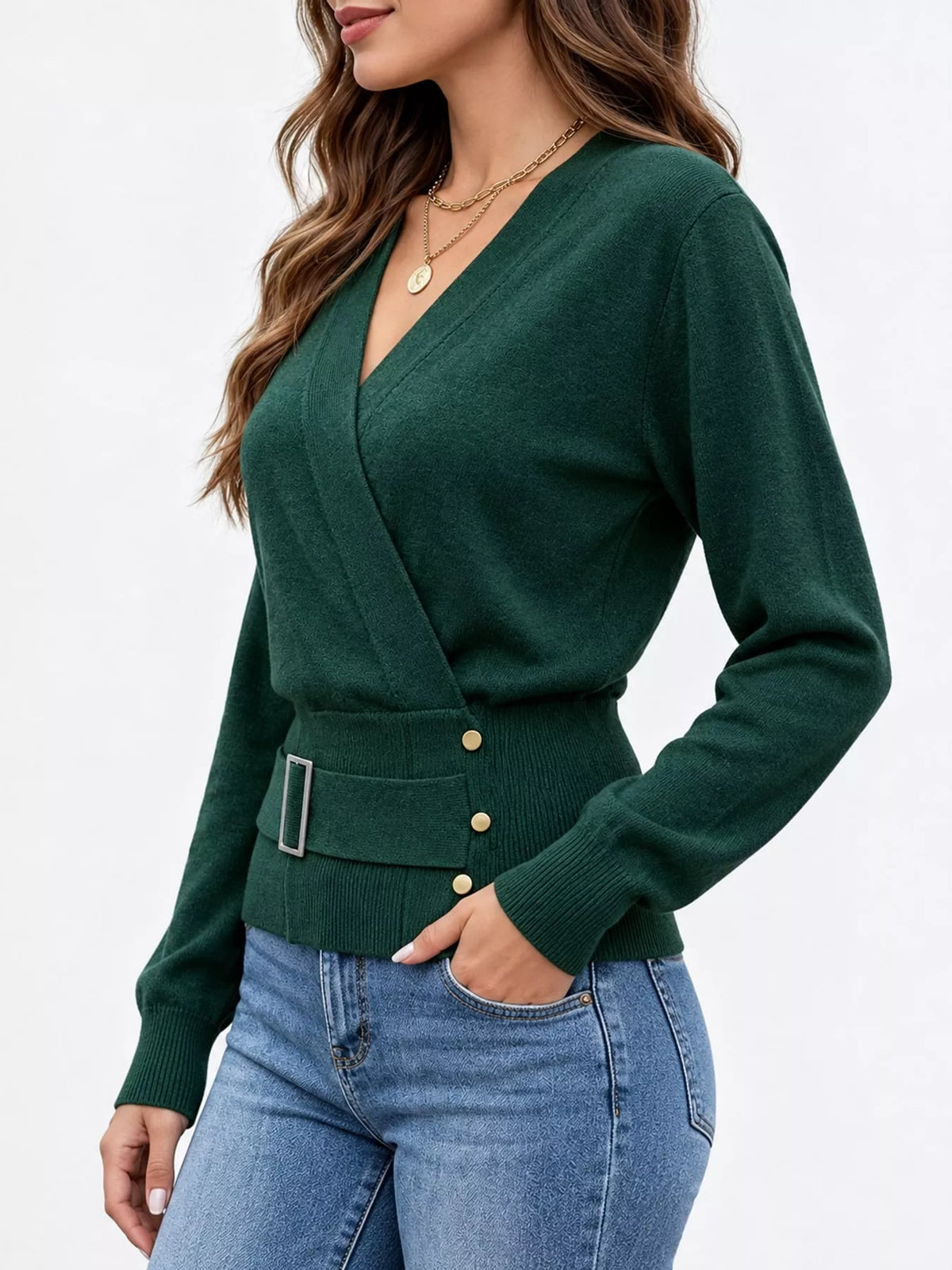 surplice elastic waist long sleeve knit top | dropsona - neutral - usage example