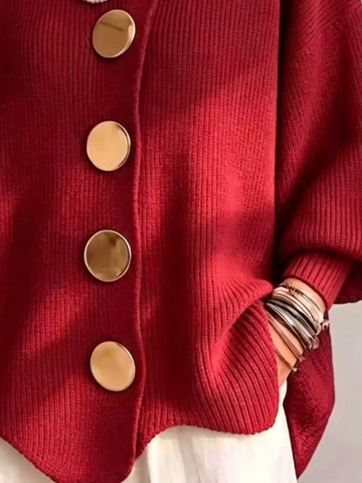 full size ribbed knit gold buttons cardigan plus | dropsona - neutral - close-up detail
