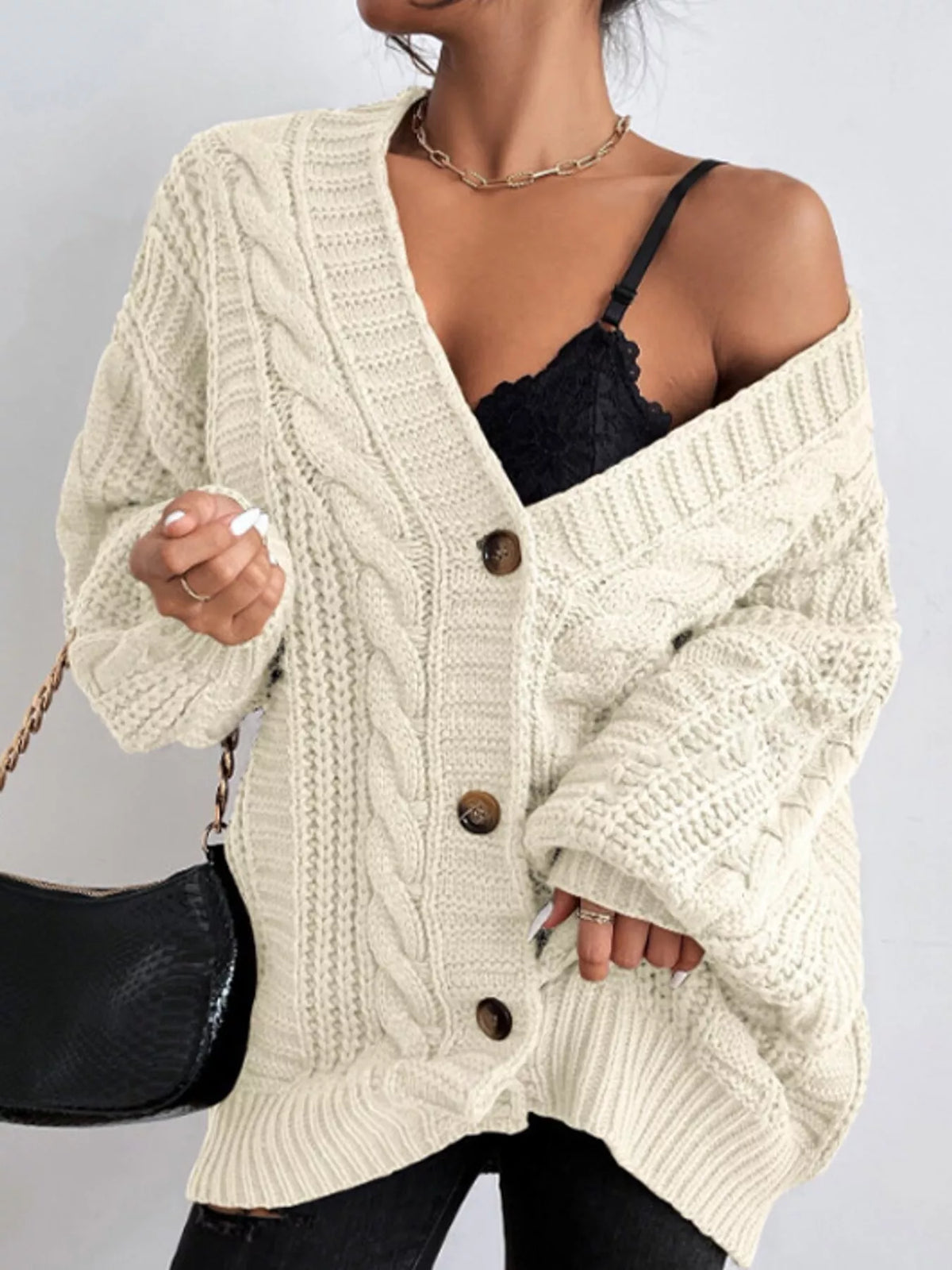 cable knit button-down cardigan | dropsona - neutral - size reference