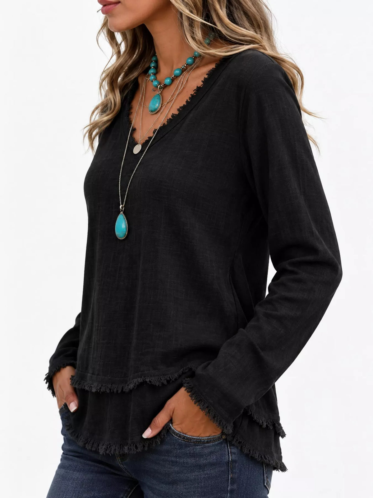 full size frayed hem v-neck blouse plus | dropsona - neutral - usage example