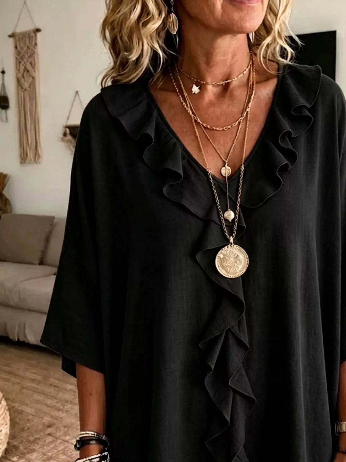 full size ruffle v-neck 3/4 sleeve blouse plus | dropsona - neutral - material texture