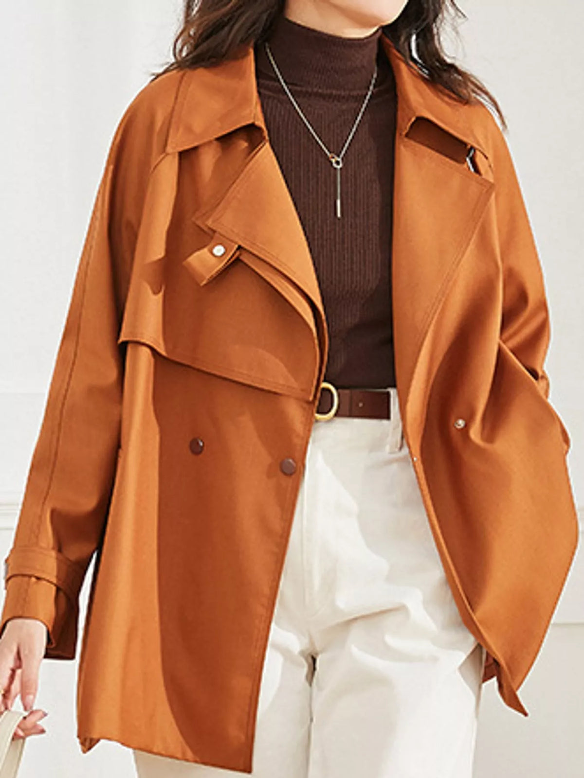 double-breasted tie waist trench coat | dropsona - neutral - size reference