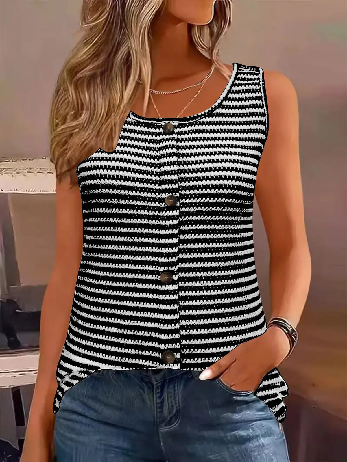 striped round neck tank top – ribbed,buttoned | dropsona - neutral - everyday use