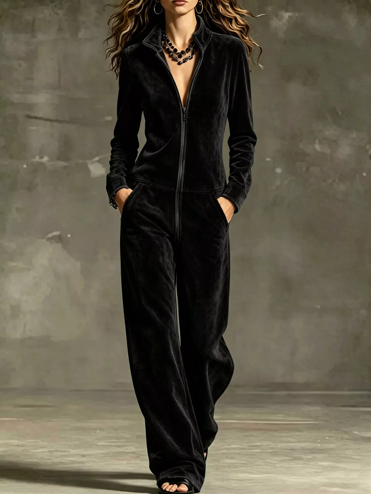 full size chic velour zip-up jumpsuit with pockets | dropsona - neutral - everyday use