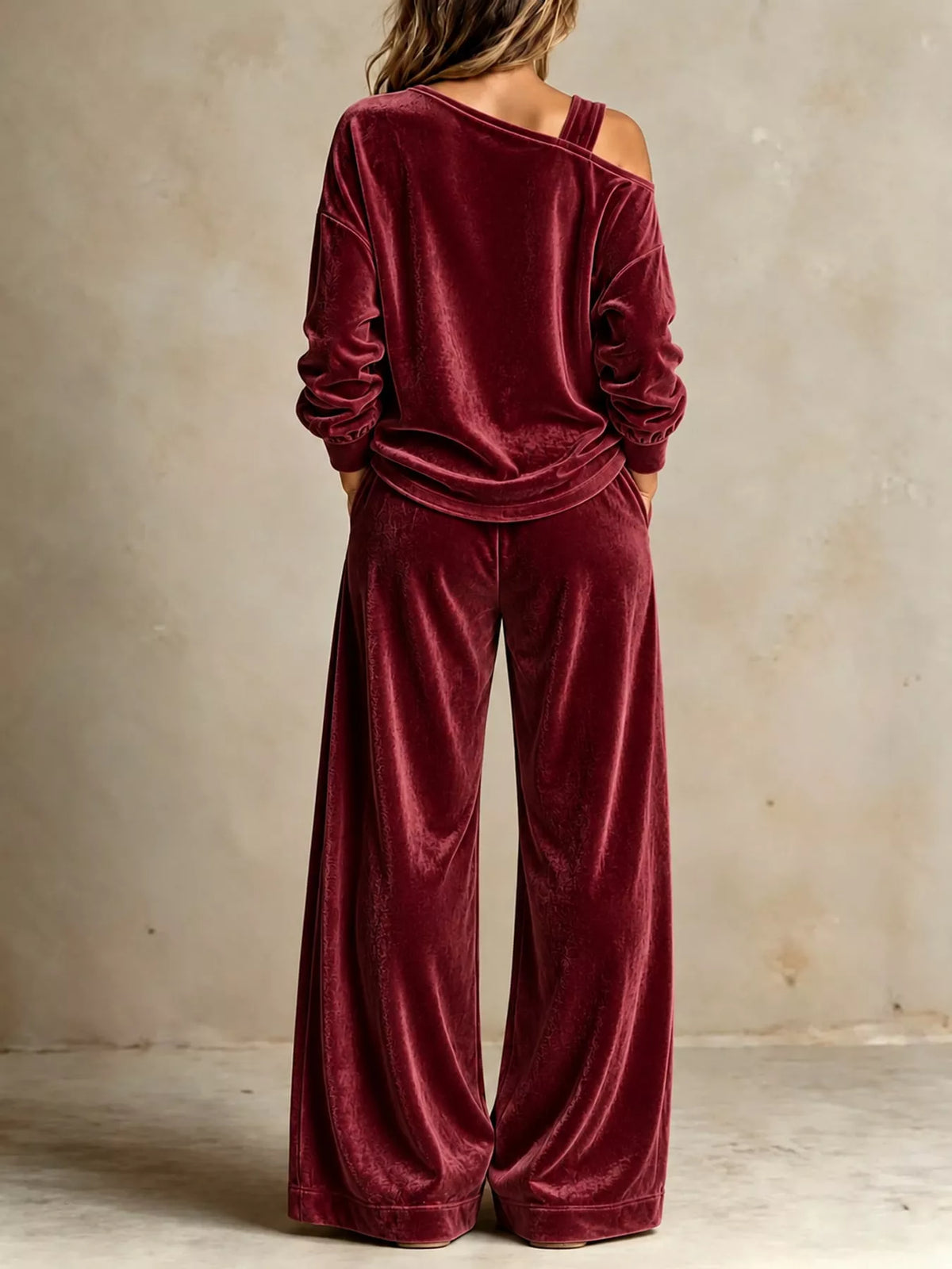 asymmetrical neck top and pants set | dropsona - neutral - size reference