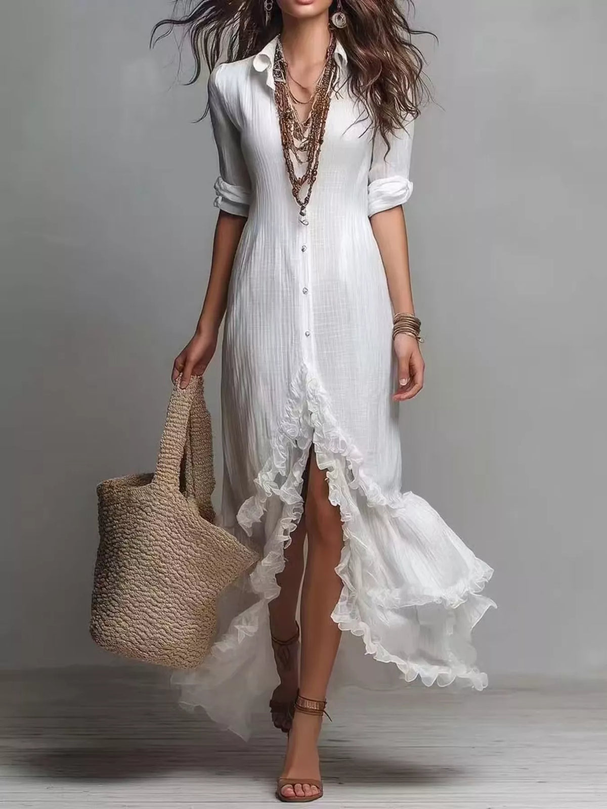 boho chic button-down ruffled high-low maxi dress | dropsona - neutral - material texture
