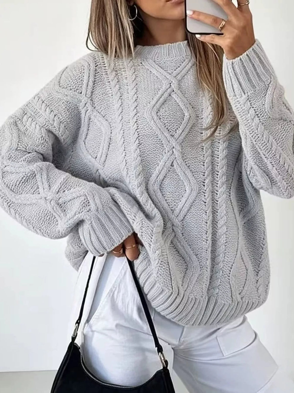 full size cable-knit round neck sweater plus | dropsona - neutral - usage example